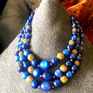 Two Toned Blue and Gold 3 Strand Necklace